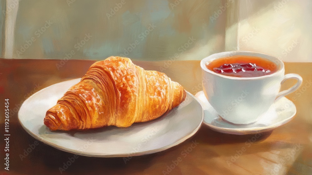 Freshly baked croissant served with jam and a steaming cup of hot tea on a wooden table in a cozy setting. Freshly baked croissant served with jam and a steaming cup of hot tea on a wooden table in a cozy setting.