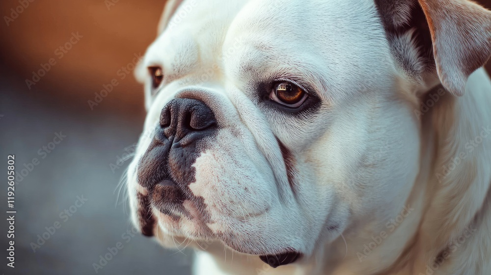 Close up of an elegant white Bulldog showcasing its expressive features in a natural outdoor environment Close up of an elegant white Bulldog showcasing its expressive features in a natural outdoor environment