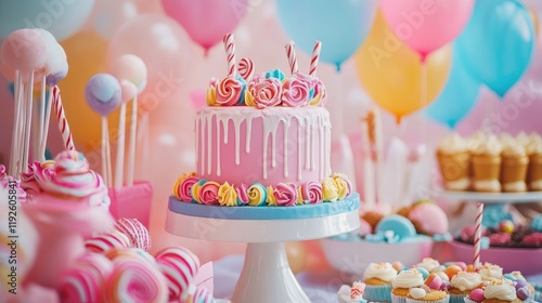 Colorful birthday party dessert table with vibrant cake, sweets, and balloons for a little girl's celebration. Perfect for festive themes. photo