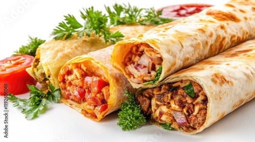 Assorted Turkish Appetizers Featuring Doner Sigar Borek and Lahmacun Over Fresh Ingredients on a White Background photo