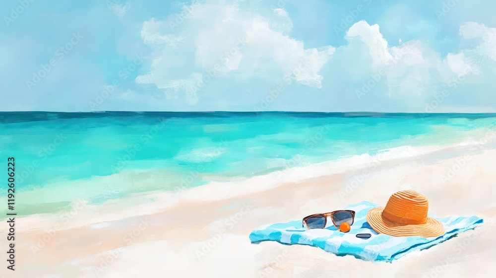 A peaceful beach scene with turquoise water hat sunglasses and a towel lay on the sand A peaceful beach scene with turquoise water hat sunglasses and a towel lay on the sand