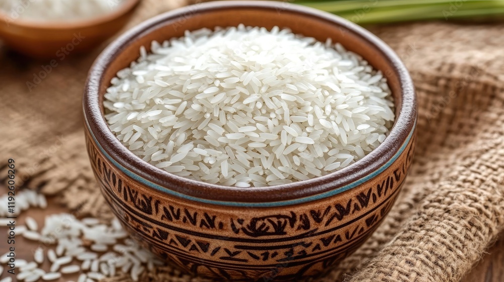 Bowl of uncooked white rice ready for cooking in a kitchen setting with natural textures and warm tones Bowl of uncooked white rice ready for cooking in a kitchen setting with natural textures and warm tones
