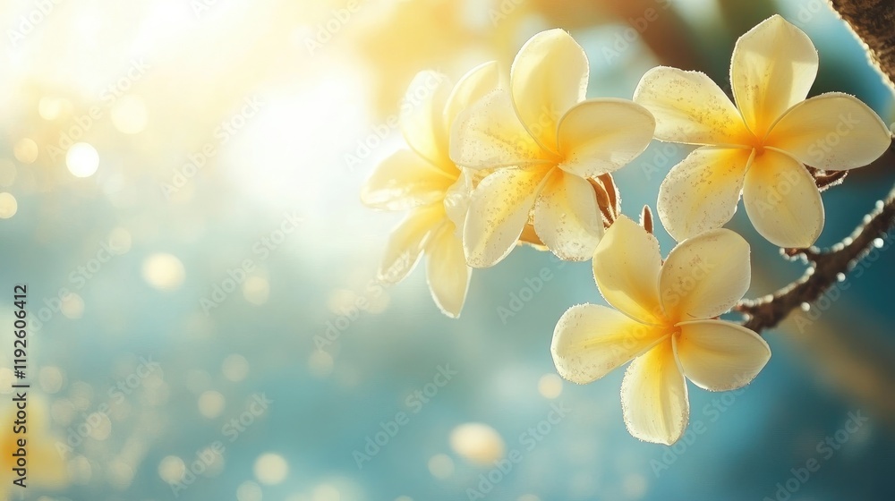 Fototapeta premium Yellow frangipani flowers blooming in sunlight against a soft blurred background showcasing the beauty of nature and tranquility.