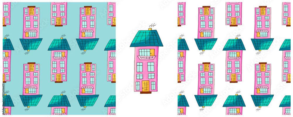 Naklejka premium Houses. Set city seamless patterns. Pattern in hand draw style