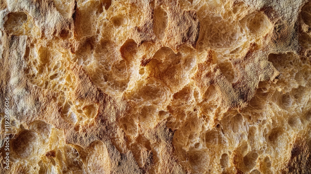 Close up macro shot of rustic brown crusty bread texture highlighting its unique porous structure and golden hue Close up macro shot of rustic brown crusty bread texture highlighting its unique porous structure and golden hue