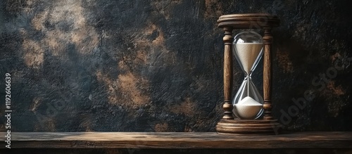 Wooden hourglass on stone shelf with dark textured wall background ideal for inspirational quotes or time management themes photo