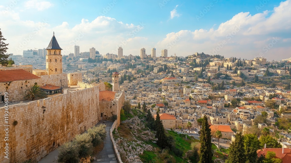 Naklejka premium Scenic panoramic view of Jerusalem showcasing historic architecture and modern skyline under a bright blue sky