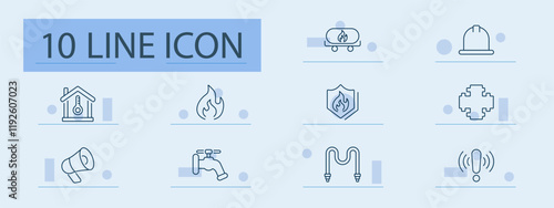 Fire safety set icon. Thermometer, flame, tank, helmet, cross, megaphone, tap, pipe, shield, warning.