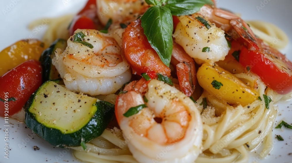 Shrimp and vegetable pasta dish garnished with fresh basil and colorful bell peppers on a white plate Shrimp and vegetable pasta dish garnished with fresh basil and colorful bell peppers on a white plate