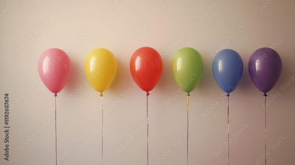 Colorful pastel balloons in a row against a neutral wall creating a cheerful festive atmosphere perfect for celebrations and events Colorful pastel balloons in a row against a neutral wall creating a cheerful festive atmosphere perfect for celebrations and events