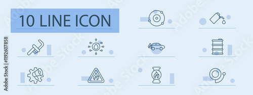 Oil and gas processing set icon. Wrench, drop, molecule, car fire, barrel, gas pipe, safety, maintenance, warning, fire hydrant