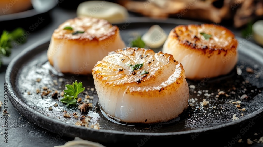 Pan Seared Scallops Displayed Elegantly on Table Garnished with Fresh Herbs and Lemon Slices Macro Photography Pan Seared Scallops Displayed Elegantly on Table Garnished with Fresh Herbs and Lemon Slices Macro Photography