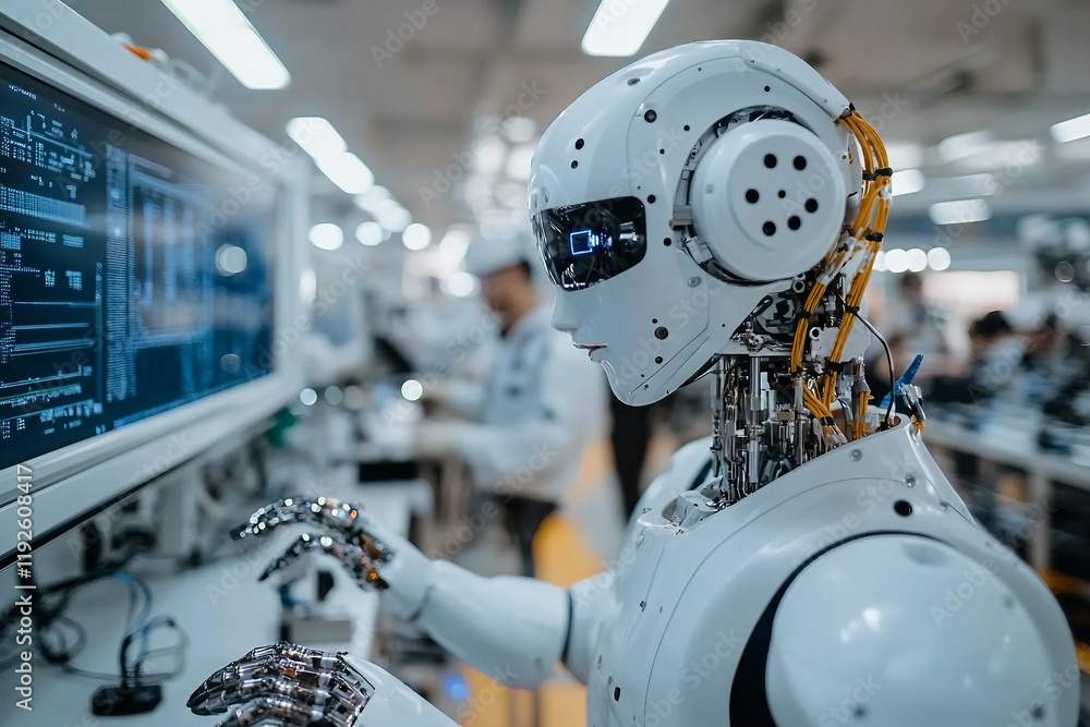 Fototapeta premium A close-up of a humanoid robot's face, with other robots in the background AI generative