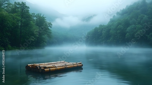Wallpaper Mural Misty River Winding Through Serene Forested Valley With Floating Wooden Raft Torontodigital.ca
