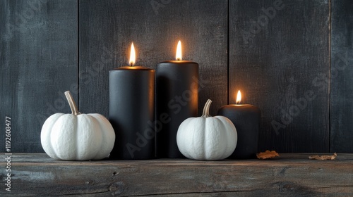 Autumn decorative scene featuring black candles and white pumpkins on a rustic wooden table against a dark gray wall backdrop Vertical