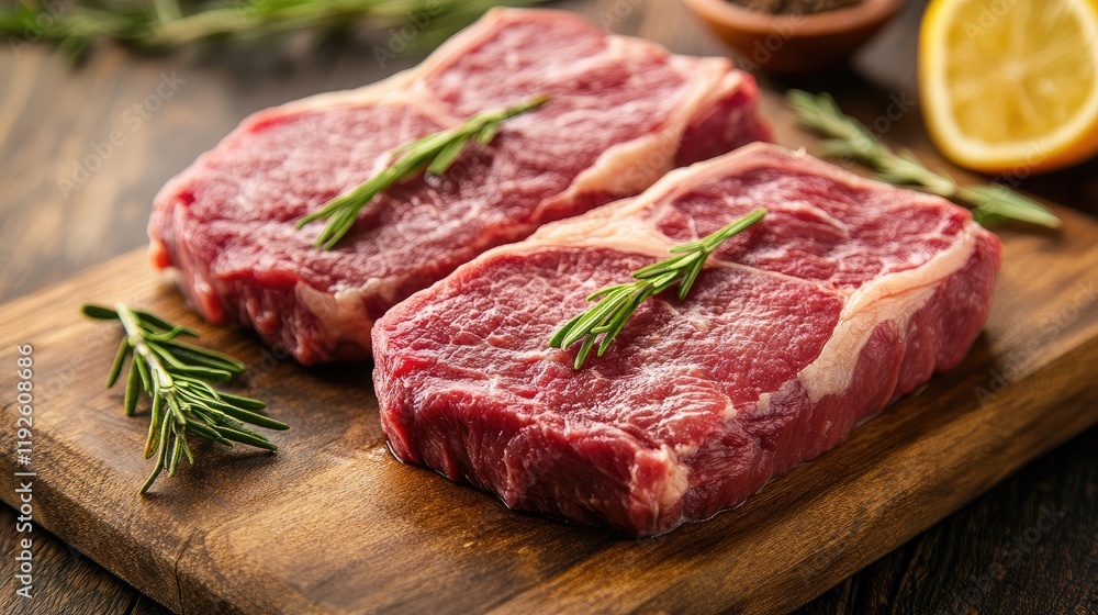 Premium cuts of tender beef steaks garnished with fresh rosemary on a rustic wooden board for gourmet cuisine presentation Premium cuts of tender beef steaks garnished with fresh rosemary on a rustic wooden board for gourmet cuisine presentation