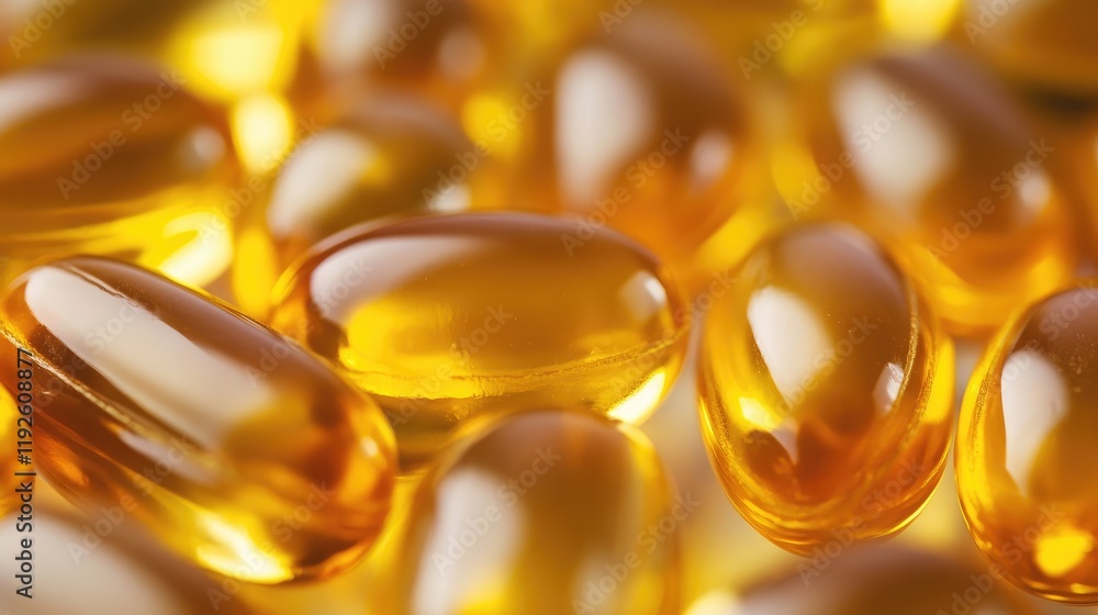 Close up of golden fish oil capsules showcasing texture and shine with soft background for wellness and health related concepts Close up of golden fish oil capsules showcasing texture and shine with soft background for wellness and health related concepts