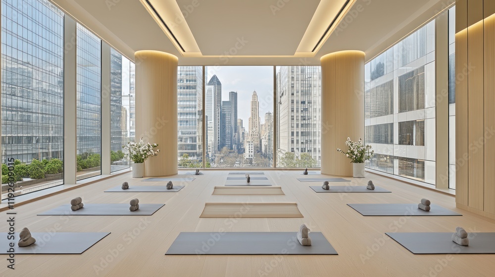 Obraz premium Serene Midtown NYC yoga studio with city view