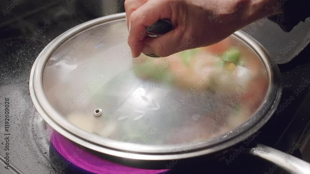 A man sautéing meat with vegetables on a skillet then putting a lid on to make it steam A man sautéing meat with vegetables on a skillet then putting a lid on to make it steam