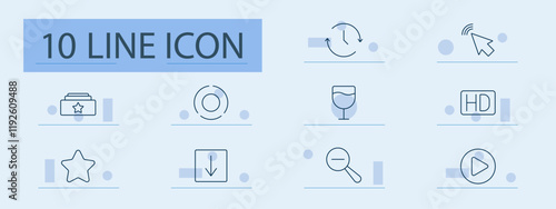 Multimedia and playback set icon. Star, favorites, circle, loop, magnifying glass, play, download, quality, file, options