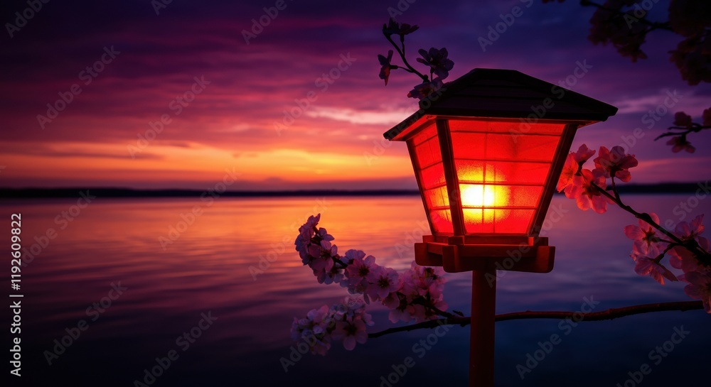 Red Chinese lantern glowing at sunset by the tranquil lake Red Chinese lantern glowing at sunset by the tranquil lake