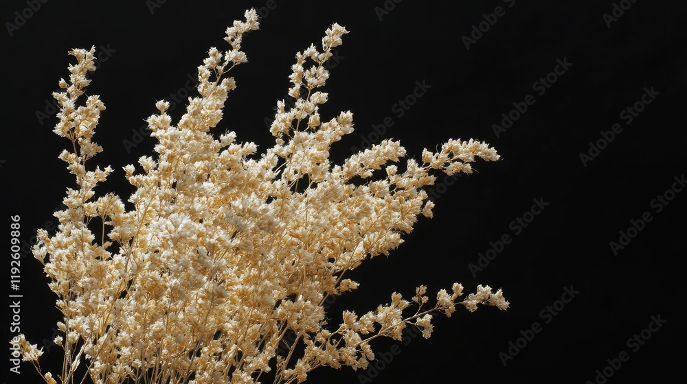Dried plant bouquet highlighted against a dark backdrop showcasing natural beauty and texture in a minimalistic composition Dried plant bouquet highlighted against a dark backdrop showcasing natural beauty and texture in a minimalistic composition