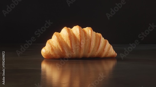 Freshly baked croissant with golden flaky layers displayed on a dark background for a gourmet food concept or bakery advertisement. photo