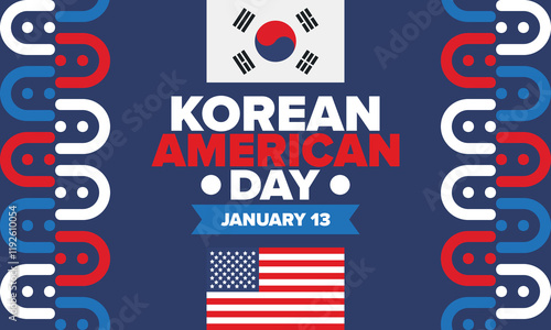 Korean American Day. Korean culture holiday in United States. Korean flag. American flag. Korean Americans. Happy celebration. Creative label. Poster art. Vector illustration