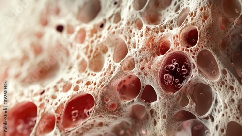 Detailed microscopic view of bone marrow and blood histology showcasing red blood cells and cellular structures in a biological context.