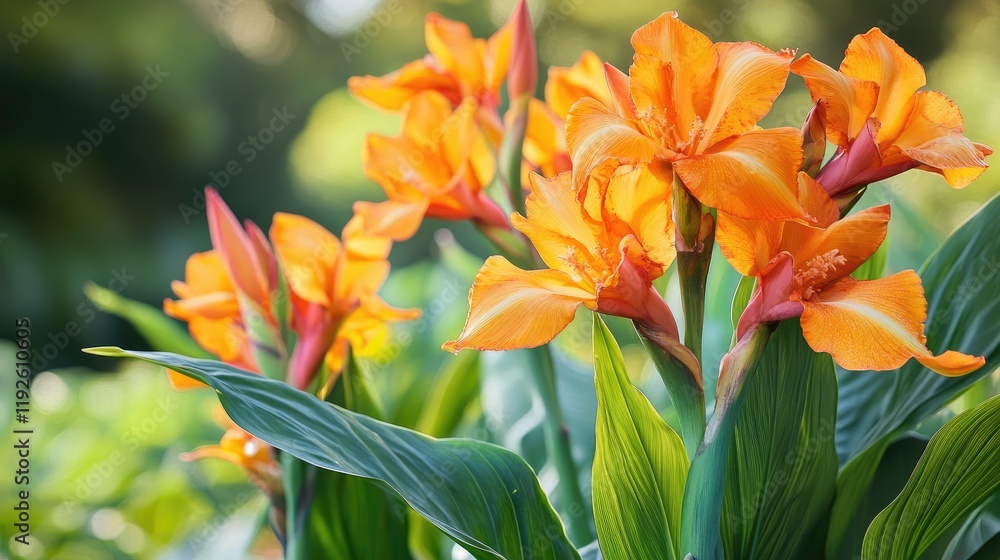 Vibrant orange flowers of Canna Indica in a lush garden setting showcasing the beauty of this edible plant species in full bloom. Vibrant orange flowers of Canna Indica in a lush garden setting showcasing the beauty of this edible plant species in full bloom.