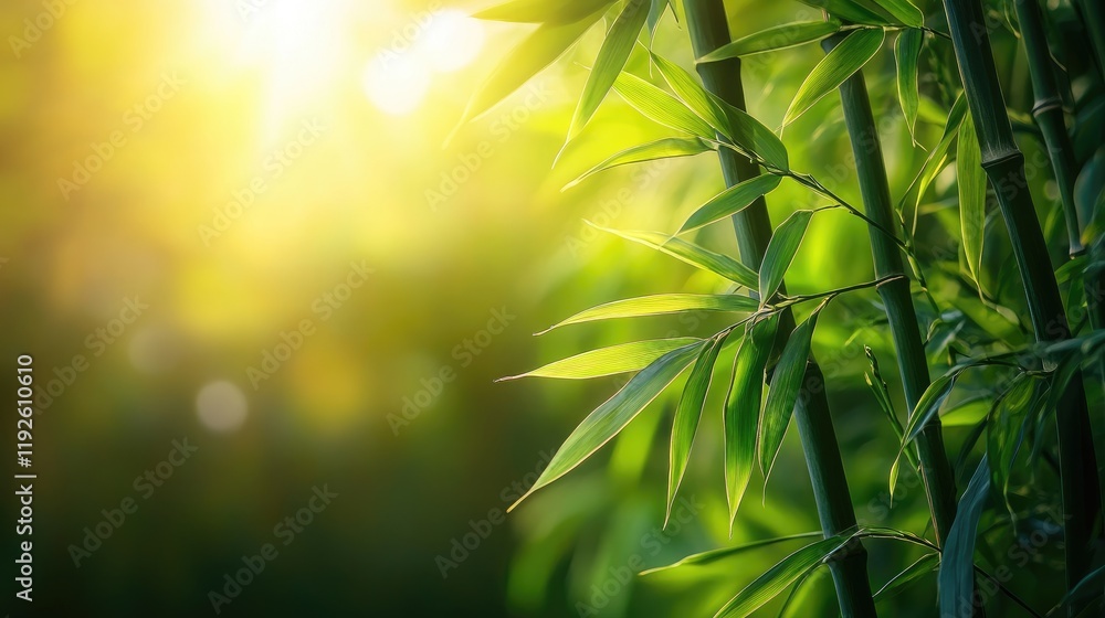 Naklejka premium Bamboo plant basking in golden sunlight creating a serene and peaceful natural atmosphere