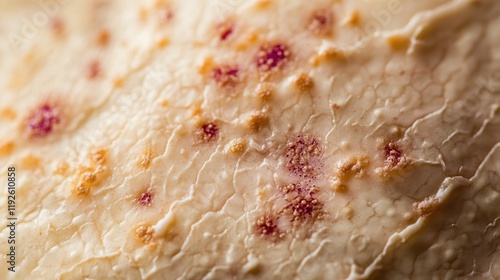 Macro view of inflamed eczema skin texture with reddish spots on light creamy background highlighting dermatological condition. photo