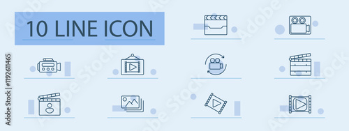 Video production set icon. Camera, tripod, clapperboard, film reel, video player, gallery, recording, movie tools, editing, multimedia