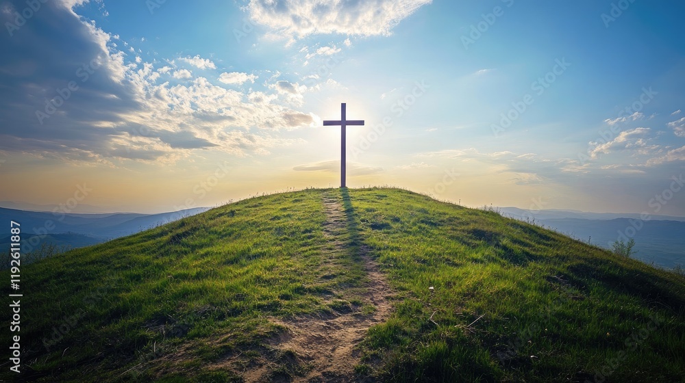 Cross silhouette on a grassy hilltop under a dramatic sky symbolizing spirituality and hope in a peaceful natural landscape Cross silhouette on a grassy hilltop under a dramatic sky symbolizing spirituality and hope in a peaceful natural landscape