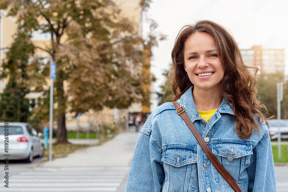 Portrait of young brunette woman wearing denim jacket standing on city street looking at camera and smiling. Portrait of young brunette woman wearing denim jacket standing on city street looking at camera and smiling.