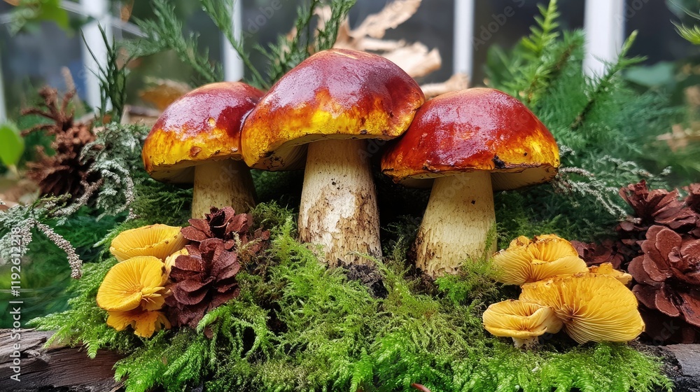 Boletus edulis mushrooms surrounded by vibrant moss and colorful forest elements showcasing natural beauty and biodiversity Boletus edulis mushrooms surrounded by vibrant moss and colorful forest elements showcasing natural beauty and biodiversity