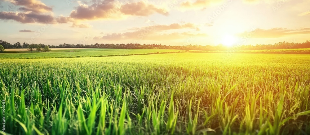 Banner for Aspiring Farmers Showcasing Lush Green Fields at Sunrise with Space for Custom Text and Promotions Banner for Aspiring Farmers Showcasing Lush Green Fields at Sunrise with Space for Custom Text and Promotions