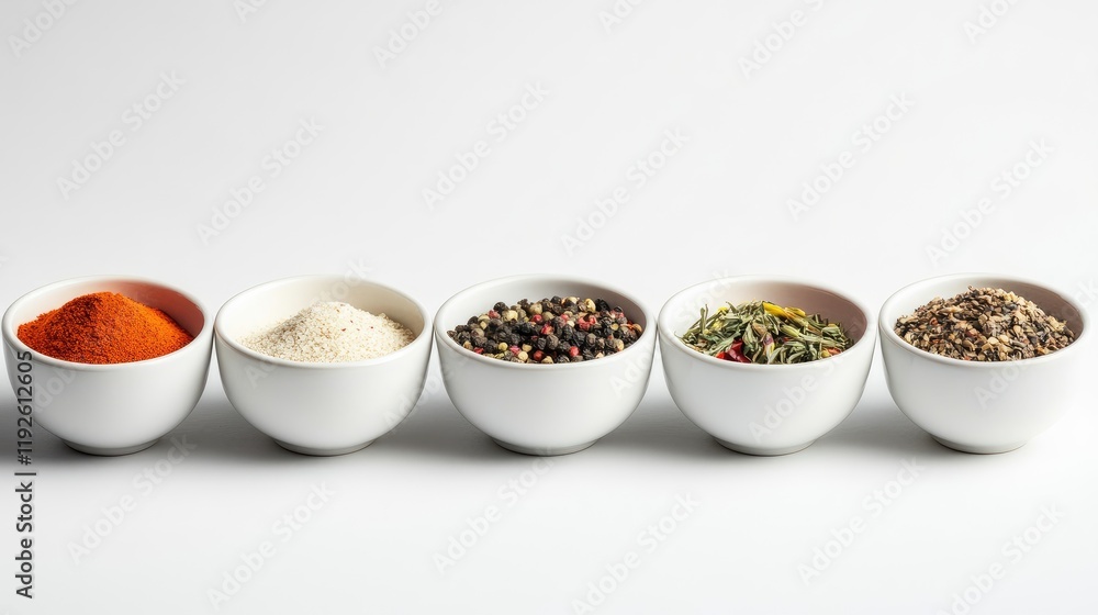 Bowls of Colorful Spices and Condiments on White Background with Empty Space for Custom Text and Design Ideas Bowls of Colorful Spices and Condiments on White Background with Empty Space for Custom Text and Design Ideas