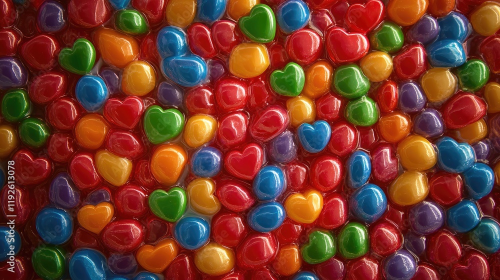 Obraz premium Colorful candy hearts background texture ideal for festive designs and romantic themes. Perfect for Valentine's Day or sweet treat promotions.