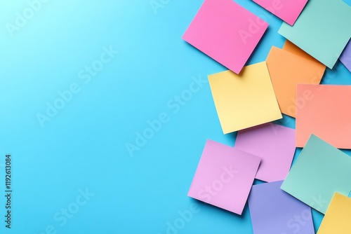 Colorful sticky notes scattered on a blue surface photo