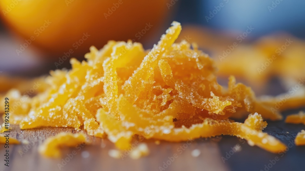 Candied orange zest close up on a wooden surface with fresh oranges in the background creating a vibrant and sweet culinary decoration. Candied orange zest close up on a wooden surface with fresh oranges in the background creating a vibrant and sweet culinary decoration.