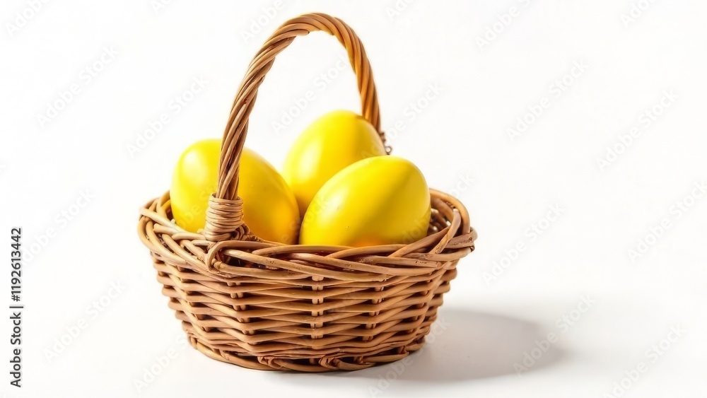 Yellow eggs lie in a wicker basket on a white background Yellow eggs lie in a wicker basket on a white background