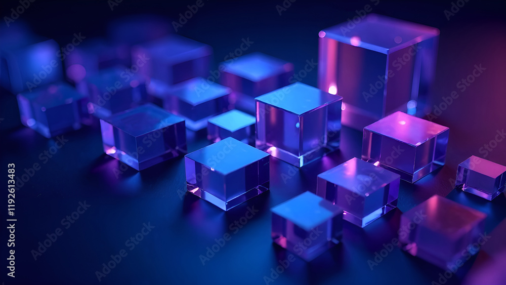 Abstract Background. A collection of blue and purple cubes is currently sitting on a table, creating an interesting arrangement of colors and forms