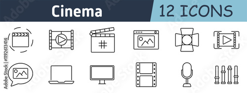 Cinema and production set icon. Clapperboard, video player, film roll, gallery, microphone, computer, stage lighting, monitors, editing tools
