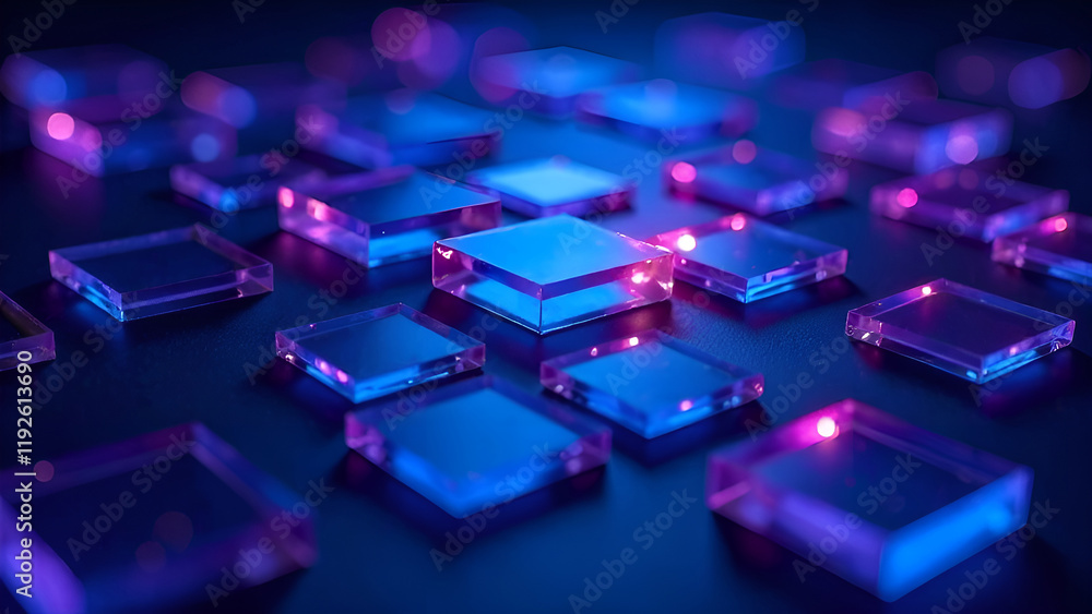 Abstract Background. A collection of blue and purple cubes is currently sitting on a table, creating an interesting arrangement of colors and forms
