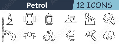 Petroleum production set icon. Oil rig, drilling equipment, pipelines, energy pricing, fuel processing, liquid transportation, engineering tools, refinery, oil market