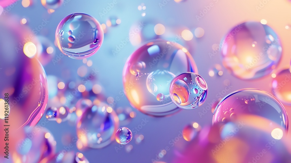 3D render of iridescent bubbles against a soft pink and blue background. 3D render of iridescent bubbles against a soft pink and blue background.