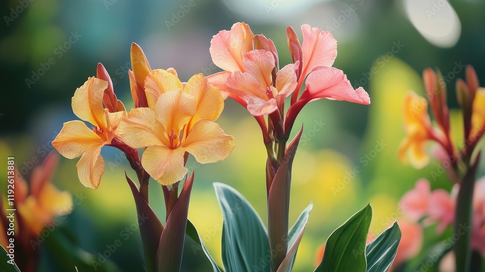 Fototapeta premium Canna Lily Blooms in Vibrant Colors Enhancing Roadside Beautification with Lush Green Foliage and Tropical Appeal