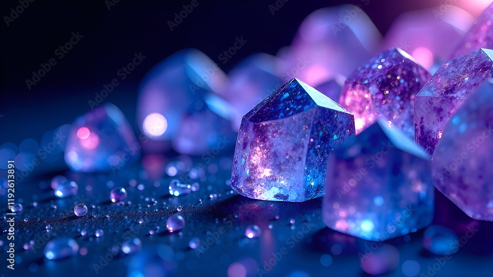 Abstract Background. A beautifully arranged row of stunning blue and purple crystals resting gracefully on a striking black surface, creating a captivating visual appeal