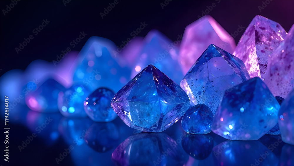 Abstract Background. A beautifully arranged row of stunning blue and purple crystals resting gracefully on a striking black surface, creating a captivating visual appeal